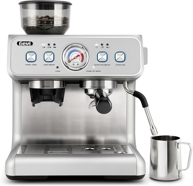 Gevi Dual Boiler Espresso Machine, Built-in Coffee Grinder, 58mm Commercial Portafilter, Professional Steam Wand, 31 Grind Levels, Stainless Steel Silver Home Barista Coffee Maker