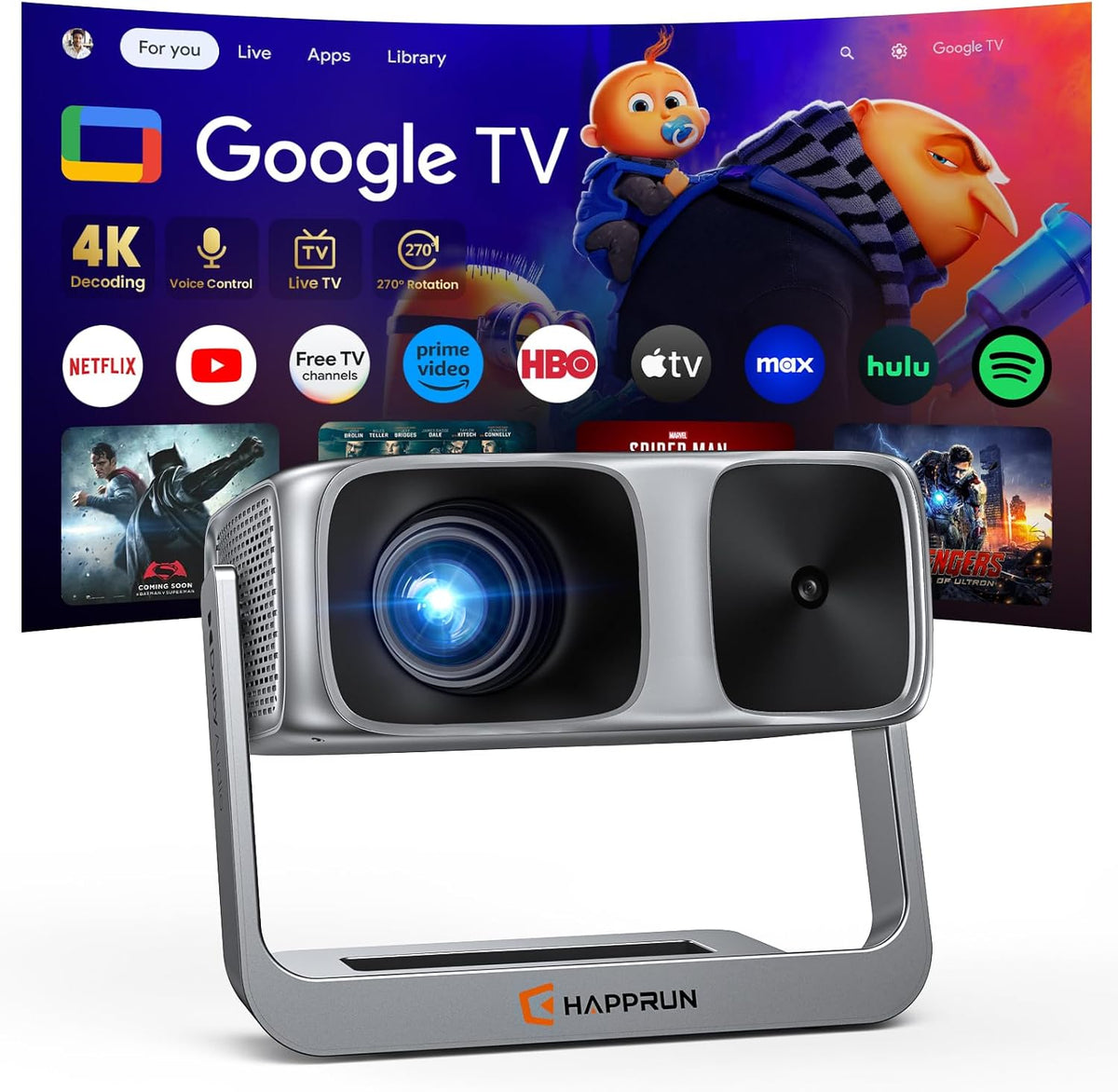 2500 ANSI Google TV Built-in Smart Movie Projector for Home Theater 4K Decoding, WiFi 6 and Bluetooth 5.2, Dolby Sound, Built-in Speakers, Outdoor Projector with Apps for Camping, Gaming