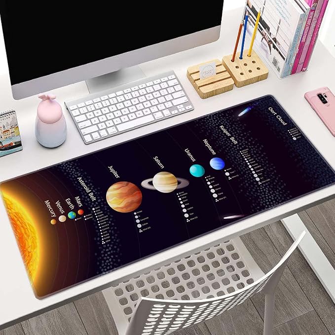 Black Large Gaming Mouse Pad with Stitched Edges, Desk Pad Extended Keyboard Mat, Non-Slip Rubber Base Mousepads for Laptop, Office, Home, 31.5X11.8 inch Solar System with Scientific Information