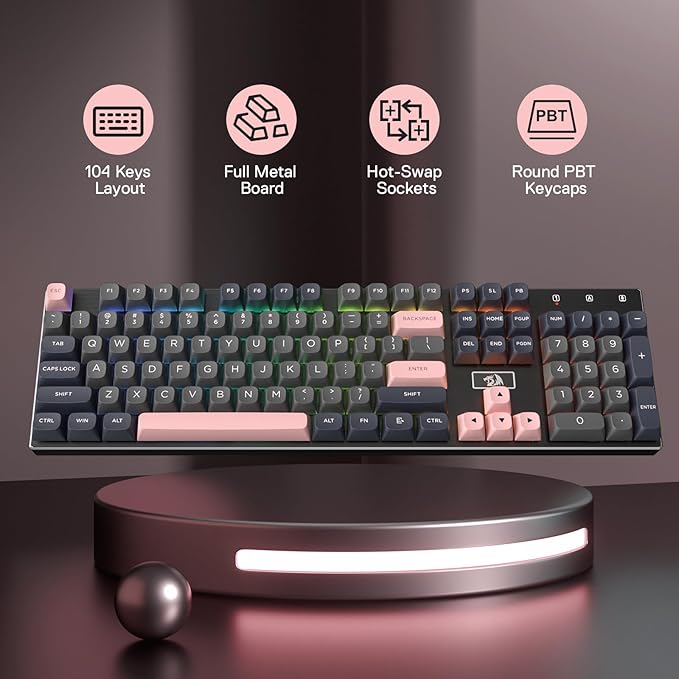 Redragon K556 SE Wired Gaming Keyboard, 104 Keys Hot-Swap Mechanical Keyboard w/Original Aluminum Base, Upgraded Socket, Noise Dampening Kit, PBT Keycaps & Custom Linear Switch, Dawn Sakura Color