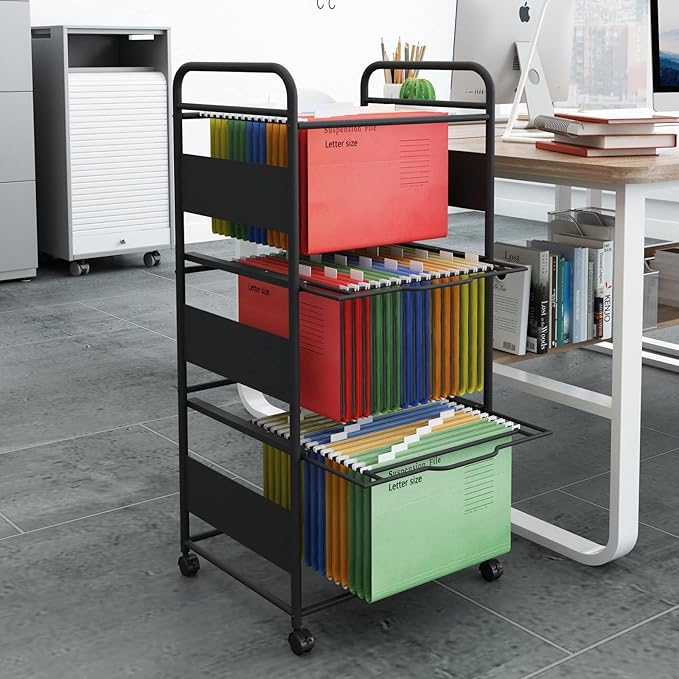 PUNCIA 3 Tiers Metal Rolling File Carts with Wheels Hanging Files for Letter Size Movable Pull-Out File Folder Rack Drawer File Cabinet for Home Office