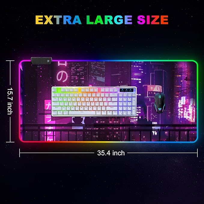 ARTSO Large RGB Gaming Mouse Pad Purple, Extended Soft Led Mouse Pad with 14 Lighting Modes, Water Resist Keyboard Pad, Non-Slip Rubber Base Computer Mousepads Mat 35.4x15.7inch,Purple Neon Sign