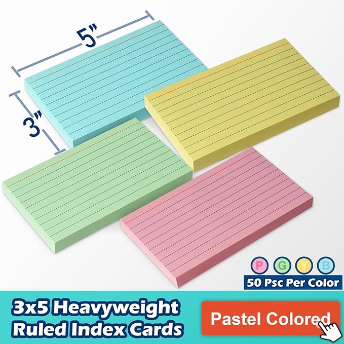Colored Lined Index Cards 3x5 Ruled Note Cards 200 Count, Pastel Pink Green Yellow Blue, Assorted Colors