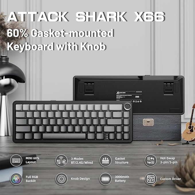 ATTACK SHARK X66 60% Wireless Mechanical Gaming Keyboard with Knob,Gasket Hot Swappable Custom Keyboard,Side Printed PBT Keycaps,Tri Mode USB-C/BT5.0/2.4G RGB Keyboard with Coiled Cable - Moon Night