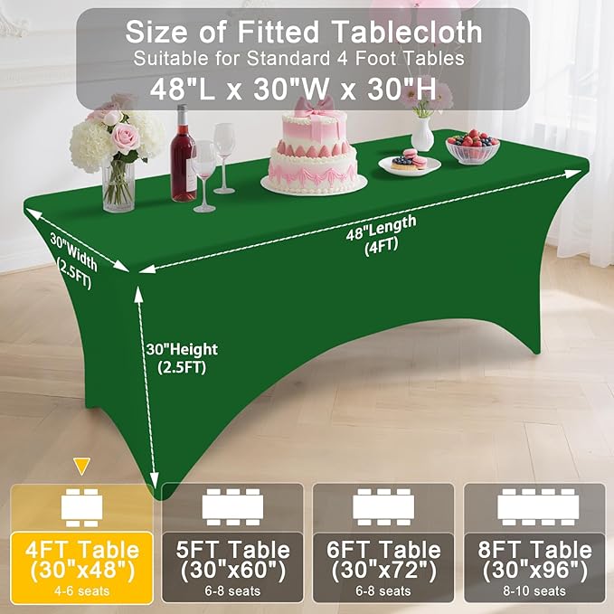 Smiry 2 Pack Spandex Table Cloth 4FT, Elastic Fitted Stretch Tablecloths, Washable and Wrinkle Free Rectangular Patio Table Cover for Outdoor, Wedding, Banquet (Emerald Green, 48Lx30Wx30H Inch)