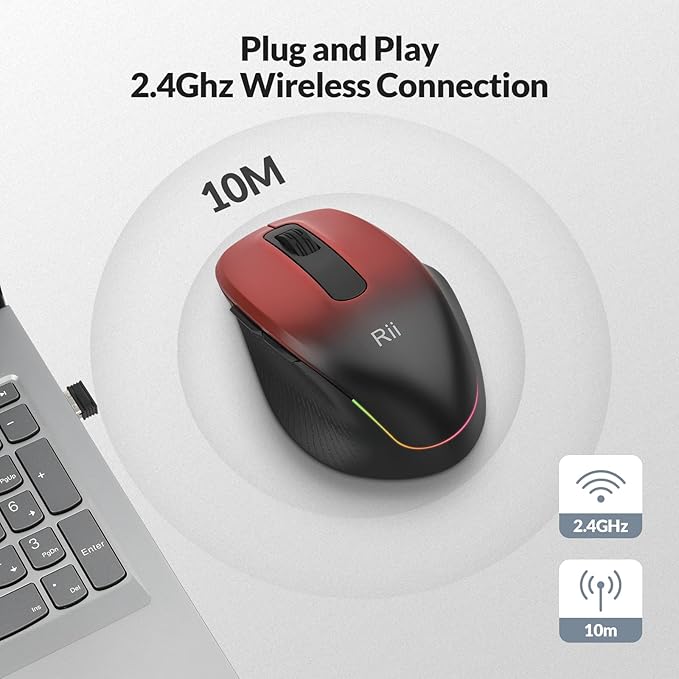 Rii Wireless Mouse Rechargeable, 2.4 GHz with USB Receiver, 1000/1200/1600 DPI, Ergonomic Grips, Silent Keys, Cordless Computer Mice for Laptop, PC, Desktop, Mac-Black&Red