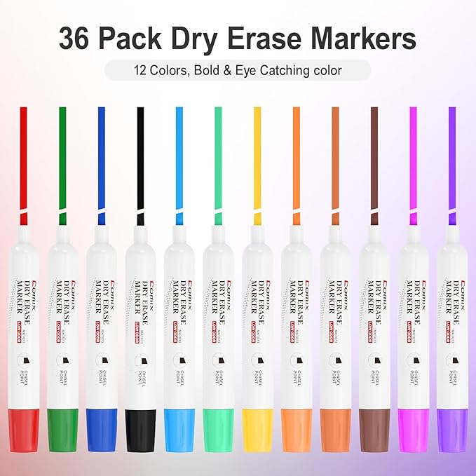 Comix Dry Erase Markers, Chisel Tip Whiteboard Markers, 36 Count 12 Assorted Colors Low Odor Markers for Classroom, Teachers, Office, School Supplies