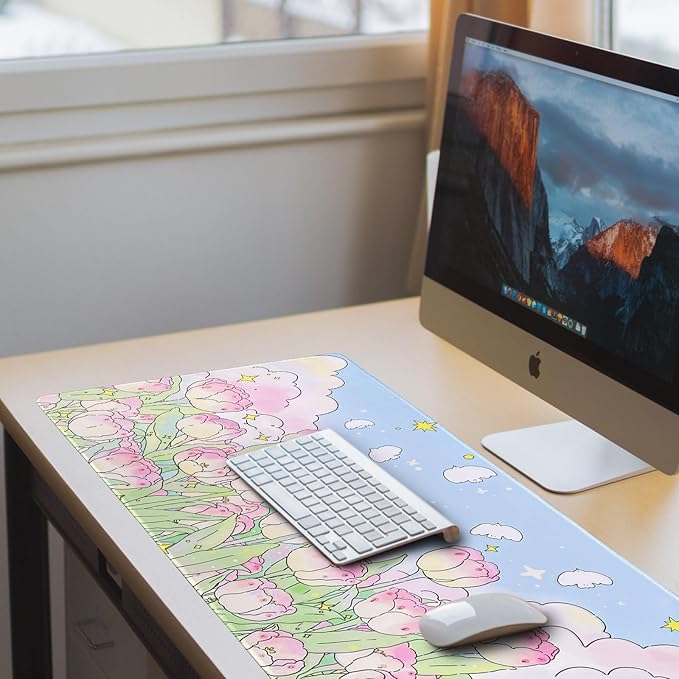Extended Large Gaming Mouse Pads Mat 35.4"x15.7"x0.12"(3mm Thick), Oversized Office Desk Mat with Stitched Edges (Cute Tulips)