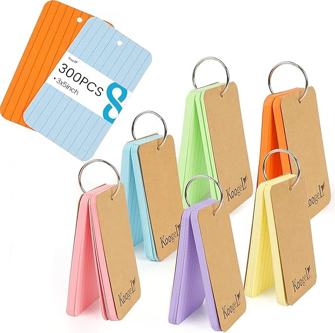 Koogel Index Cards 3x5 Inch with Ring, 300 Count, Colored Ruled Flash Cards for Studying, Heavyweight Lined Notecard for School Office Home Learning Memory Note Taking To Do List Supplies, 6 Colors