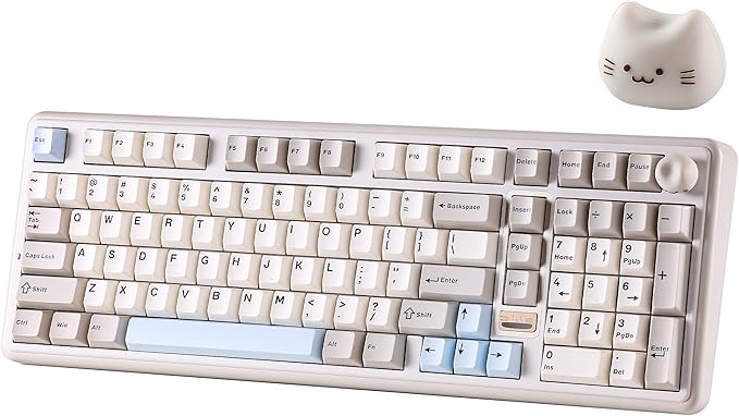 YUNZII B98 PRO QMK/VIA Wireless Mechanical Gaming Keyboard, 96% Layout with Numpad and Cute Cat Knob, BT/2.4G/USB-C, Pre-Lubed Switch Hot Swap Gasket, RGB for Win/Mac (Beige, Milk V2 Linear Switch)