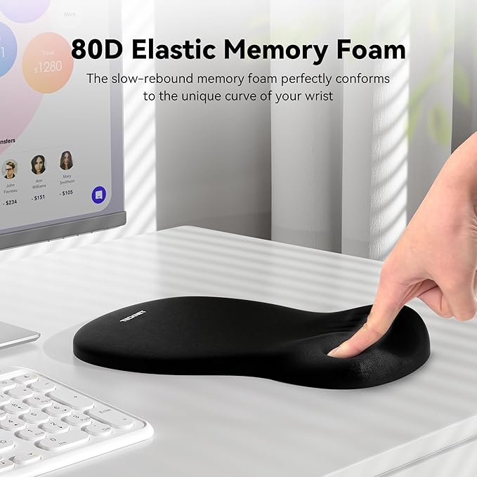 TECKNET Ergonomic Mouse Pad with Wrist Rest, Memory Foam Mousepad with Wrist Support, Smooth Surface, Middle Concave & Non-Slip Base for Laptop/PC, Pain Relief for Home Office Gaming, Black