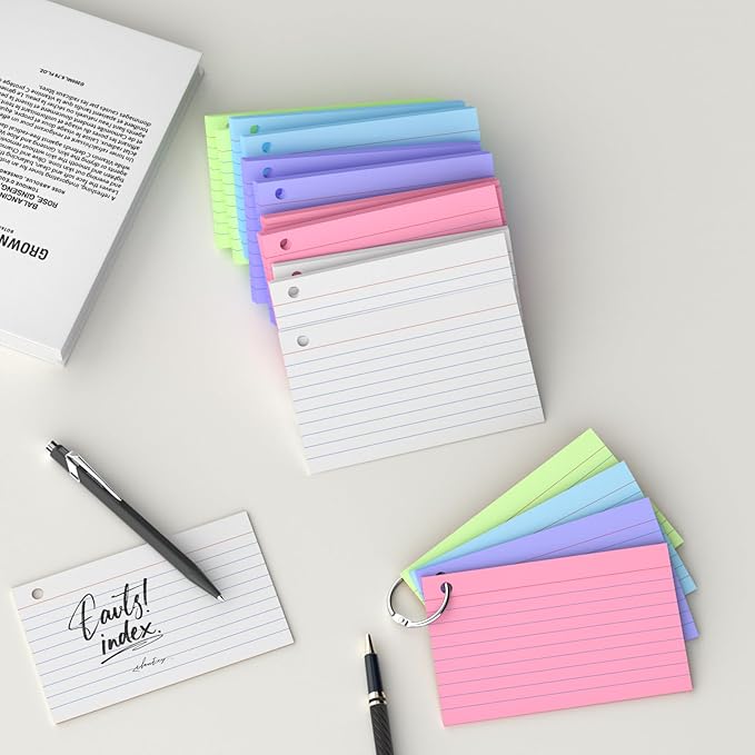 250 Count Colored Index Cards 3x5 Inch with Key Ring, 180gsm Heavy Weight Flash Cards 5 Color (50 Sheets Each) Portable Note Taking for Students, Teachers, Study Note Cards for Office School Supplies