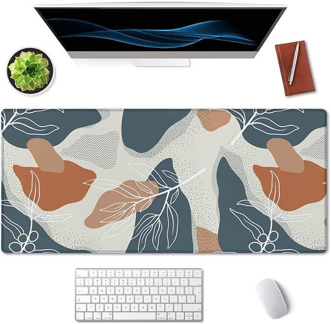 SSOIU Extended Gaming Mouse Pad (35.5x15.7 in), Large Stable Rubber Base Mousepad with Stitched Edges, Keyboard Mouse Mat Desk Pad for Work, Game, Office, Home - Abstract Flowers and Leave