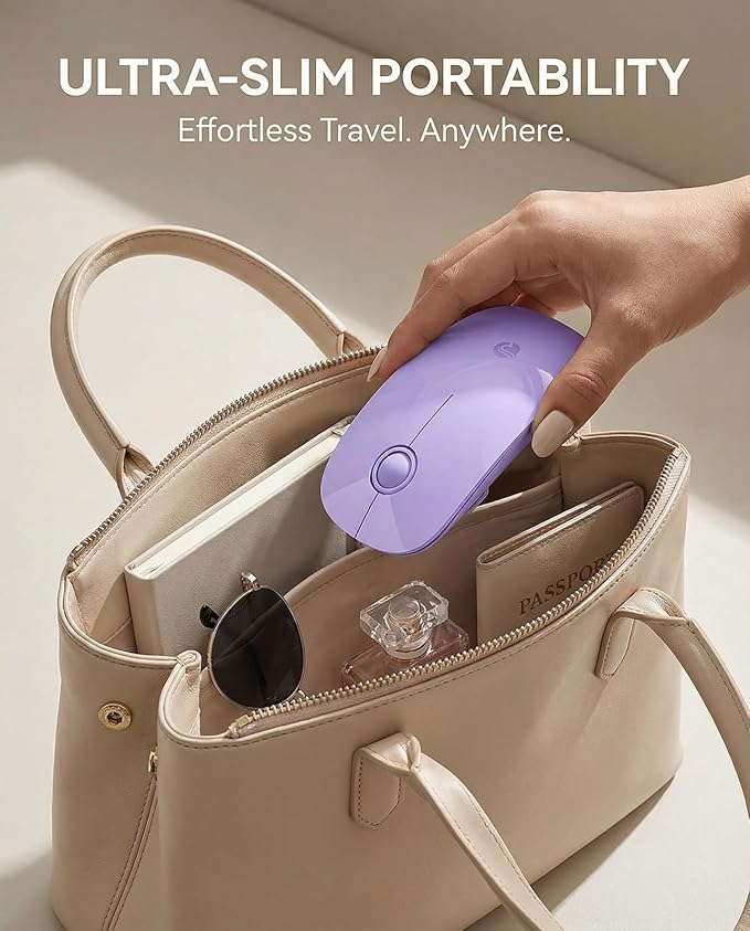 RAPIQUE R306 Pro Wireless Mouse, Dual Bluetooth & 2.4GHz, Connect Up to 3 Devices, Type-C Rechargeable, Silent Click, Ergonomic Symmetrical Design, for MacBook, iPad, Laptop, Purple