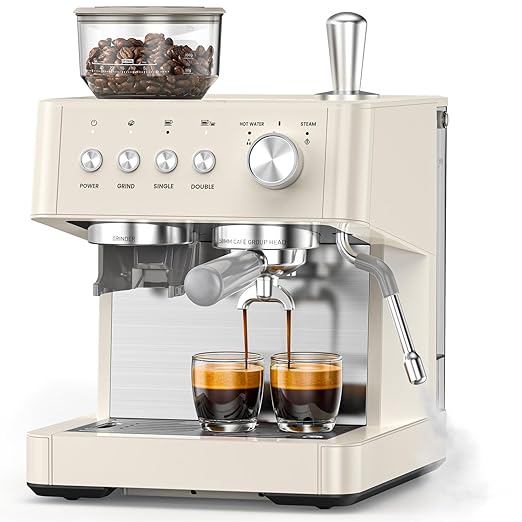 (2026 Upgrade) 15 Bar Espresso Machine with Built-in Anti-Clog Coffee Grinder, Expresso Coffee Machines with Milk Steam Wand/Frother/Tamping Tools,Espresso Maker with Grinder for Lattes-Almond