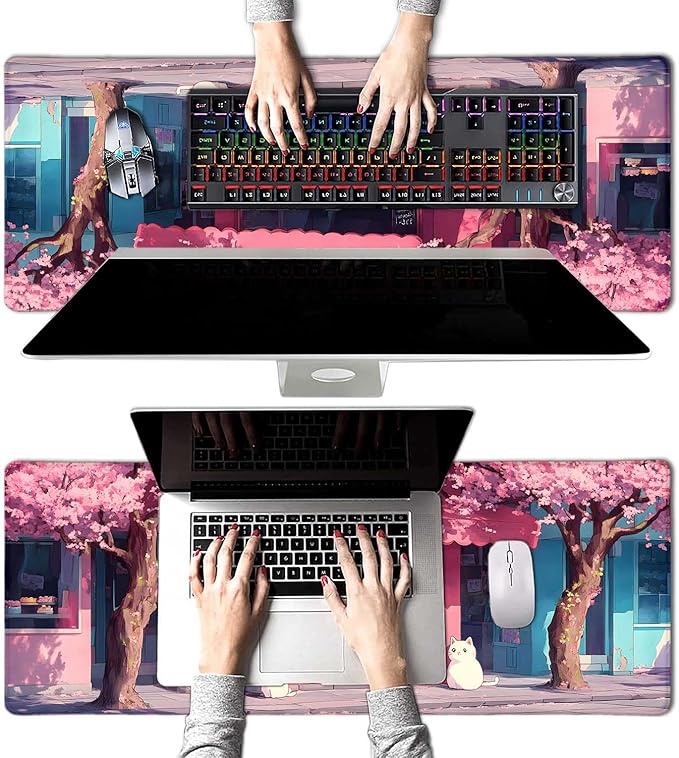 Cute Japanese Cartoon White Cat Large Mouse Pad, Desk Mat Computer Keyboard Pad Non-Slip Rubber Base Waterproof with Stitched Edges for Laptop Gaming, Office & Home 31.5 x 11.8 Inch (XL-20)
