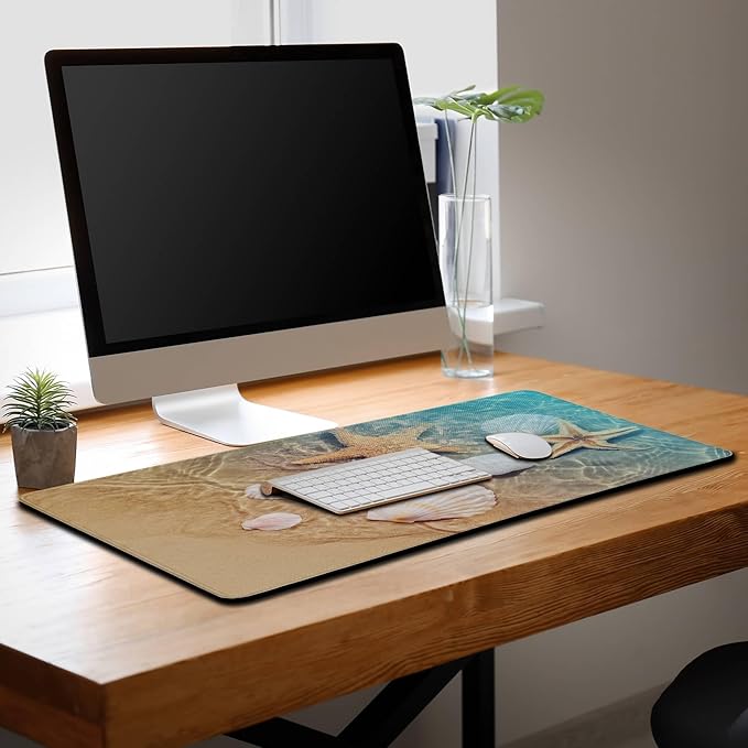 Large Mouse Pad Palm Starfish Seashell, Gaming Mouse Pads Office Desk Pads, Full Desk Mouse Pad Non-Slip Rubber Base, 35.4 X 15.7 inch for Work/Game/Office/Home Summer Beach Sea Sand Water