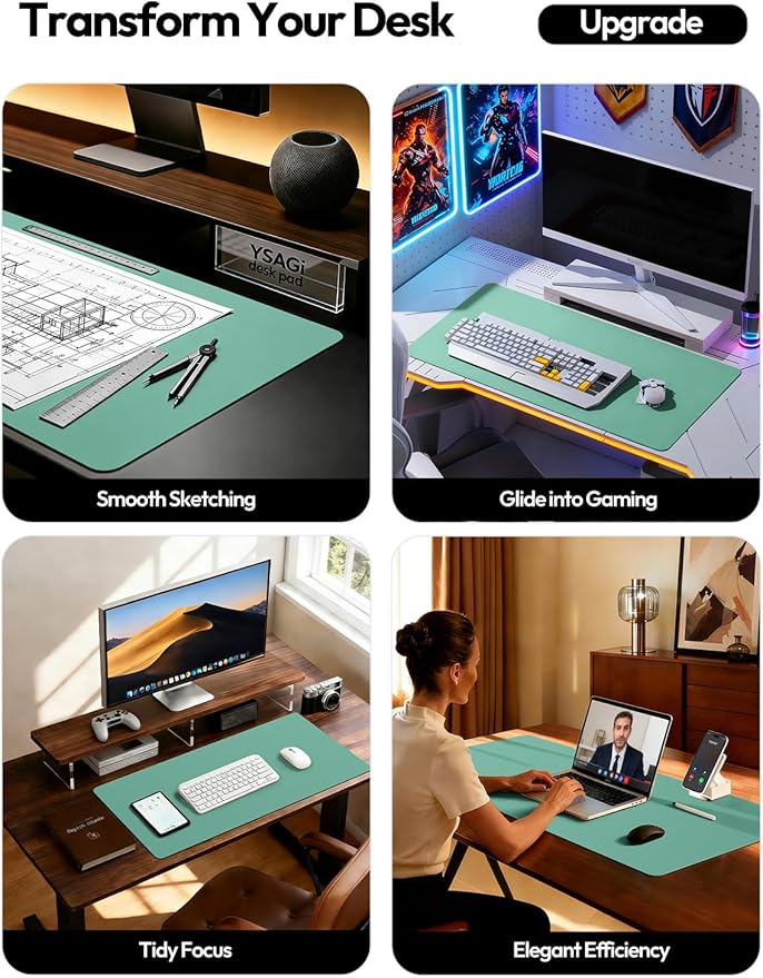 YSAGi Leather Desk Protector, Office Mat, Large Mouse Mat, Non-Slip PU Leather Blotter, Laptop Desk Pad, Waterproof Writing Pad for Office and Home (Green-Blue, 47" x 17")