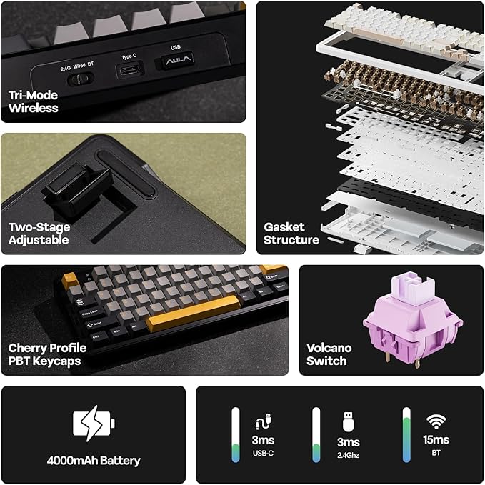EPOMAKER Aula F108 Wireless Gaming Keyboard, Full Size Mechanical Keyboard with 4000mAh Battery, 108 Hot-Swappable and Programmable Keys, RGB Backlight, for Mac/PC/Android (Grey&Yellow)