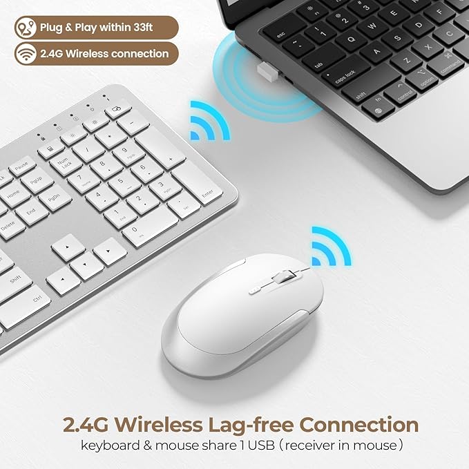 seenda Wireless Keyboard and Mouse Combo, Rechargeable Quiet Keyboard Mouse, Sleek and Ultra Thin Design, Full-Size with Number Pad for Windows, Laptop, PC, Notebook, Desktop- Silver and White