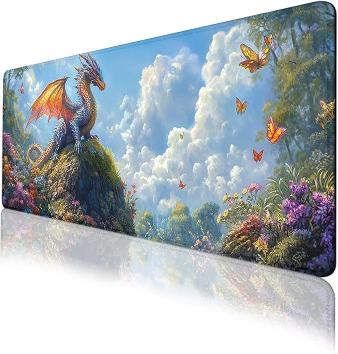 Fantasy Dragon Desk Pad Mouse Pad Forest Colorful Butterfly Flower Mousepad XL Large Gaming Mouse Pad Laptop Keyboard Mat Desk Pad 35.4"x15.7" Office Home Decor for Women Girl
