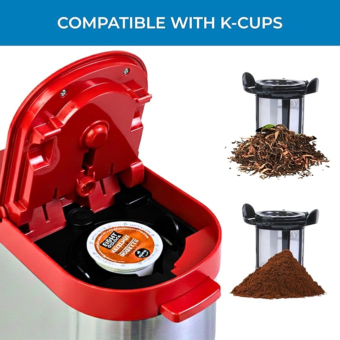 Kenmore Single Serve Coffee Maker – Compatible with Keurig K‑Cup Pods & Ground Coffee, One Cup Brewer, 6–12 Oz Brew Sizes, Travel Mug Friendly, Auto Shut‑Off, Hot & Iced Maquina de cafe, Red