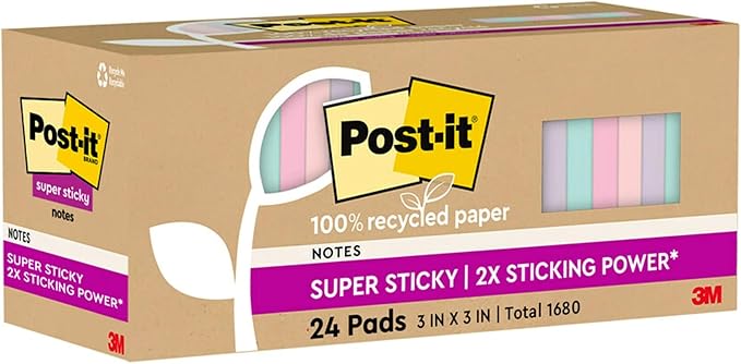 Post-it Super Sticky Notes 3x3 inch Wanderlust Pastels | 100% Recycled Paper | 2X Sticking Power | For Office & School | 24 Pads, 70 Sheets, Pack of 8