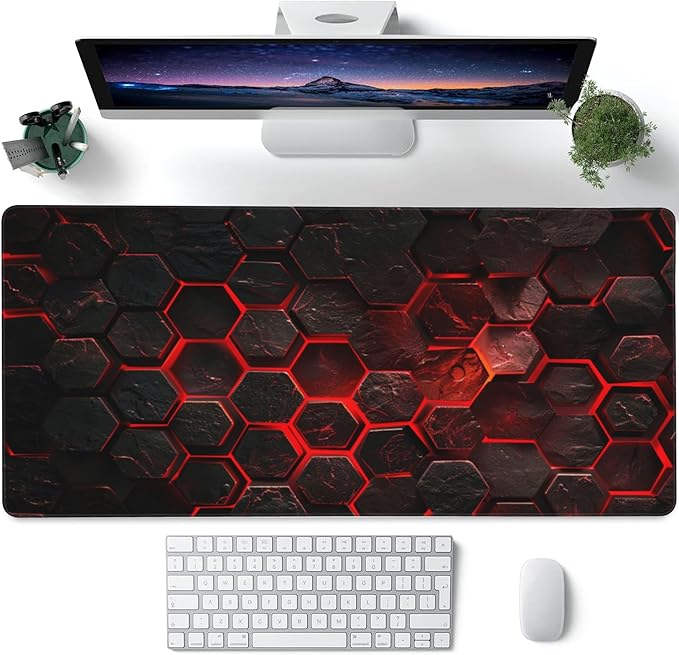 Large Gaming Mouse Pad for Desk,Red Honeycomb Science Technology Desk Mat,Honeycomb Hexagon Desk Pad,Extended Big Computer Keyboard Mouse Pad with Non-Slip Base Stitched Edges 35.4"x15.7"