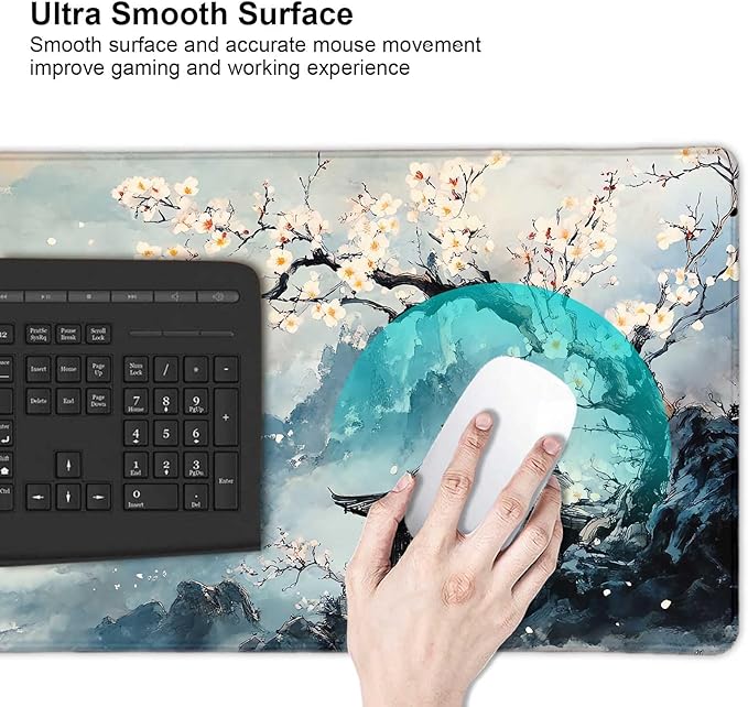 Large Cherry Blossom Japanese Mouse Pad, Desk Mat Computer Keyboard Pad Non-Slip Rubber Base Waterproof with Stitched Edges for Laptop Gaming, Office & Home 31.5 x 11.8 Inch