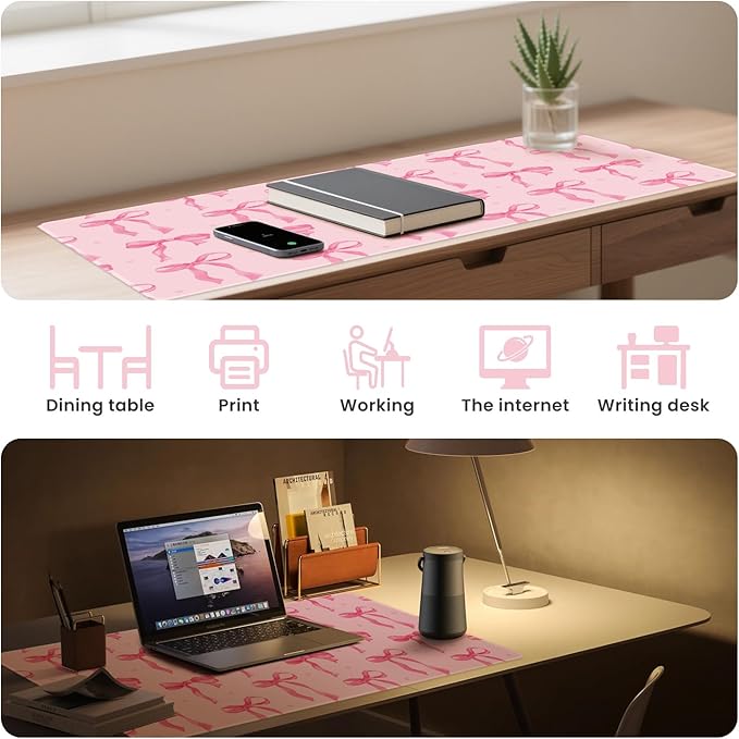 Pink Desk Mat with Bows, Cute Bow Mouse Pad for Computer Laptop Non-Slip Rubber Base Gaming Keyboard Pad, Large Office Mat Girly Office Supplies Desktop Accessories for Teen Girls Women 23.6 x 11.8in