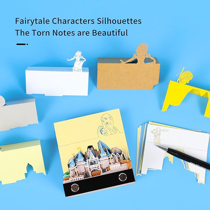 3D Memo Pad Art Sticky Notes, Fantasy Castle 3D Notepad with Light Paper Sculpture Art Multicolor Paper Note with Silhouette DIY Desk Decoration