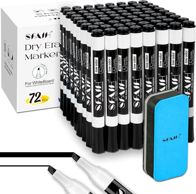 SFAIH Dry Erase Markers Chisel Tip with Magnetic Whiteboard Eraser, 72 Bulk Pack Black White Board Markers for Teachers, Versatile Lines, 1s Quickly Dry, Essential Supplies for Office Teacher