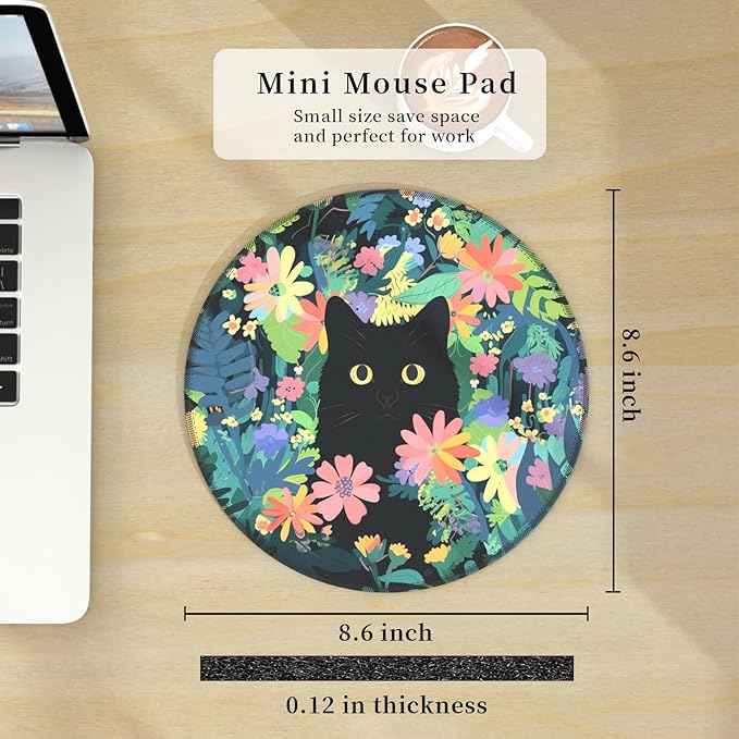 Floral Black Cat Mouse Pad for Desk, Small Cute Mousepad with Non-Slip Base, Round Travel Mouse Pads for Wireless Mouse Laptop, Computer Mouse Mat for Gaming Home Office Desk Accessories