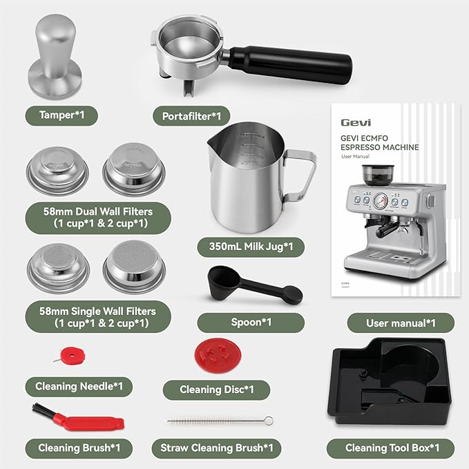 Gevi Dual Boiler Espresso Machine, Built-in Coffee Grinder, 58mm Commercial Portafilter, Professional Steam Wand, 31 Grind Levels, Stainless Steel Silver Home Barista Coffee Maker