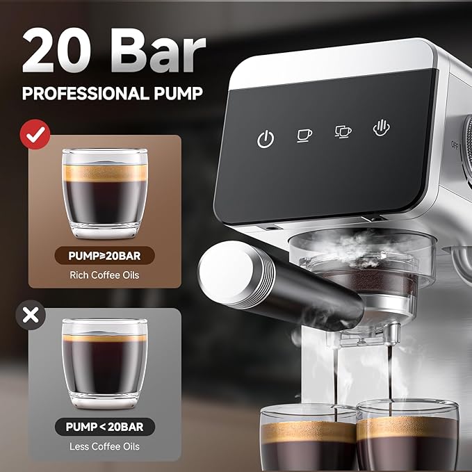 AMZCHEF Espresso Machine 20 Bar, Compact Coffee Maker with LED Touch Screen & Milk Frother, Brushed Stainless Steel Housing Espresso Maker for Home & Office, Coffee Machine for Cappuccino, Latte