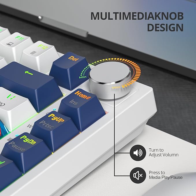 75% Mechanical Gaming Keyboard, Hot Swappable RGB Backlit Custom With Knob, Gasket Mount USB Wired, 82 Keys Blue White Linear Red Switch (82 Blue White)