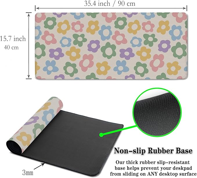 Computer Mat Jumbo Mouse Pad Extra Large Mouse Pads Desk Pad for Woman Gaming Mousepads Modern Desk Pad Non-Slip Rubber Base 35.4" X 15.7" for Game Office, Colorful Groovy Flowers