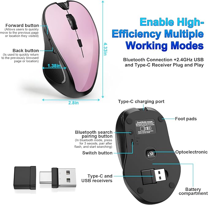 Mouse for MacBook Bluetooth Wireless Mouse Laptop MacBook Air Mac Pro Silent Rechargeable PC iPad Optical Mouse with Jiggler Dual Mode Switch Bluetooth 5.2/3.0 and 2.4GHz USB Type-C Receiver ROSE GOLD