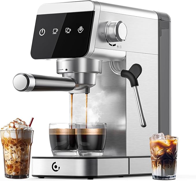 AMZCHEF Espresso Coffee Machine, 20 Bar Professional Pressure System, LED Touch Screen, Compact Design for Home & Office, 41oz Removable Water Tank, Stainless Steel Housing
