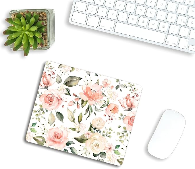 Pink and Green Flowers Mouse Pad, Mouse Mat, Desk Accessories, Floral, Roses, Home, Office, Rectangle, Flowers Mousepad 9.5"x7.9"x0.12" Inch