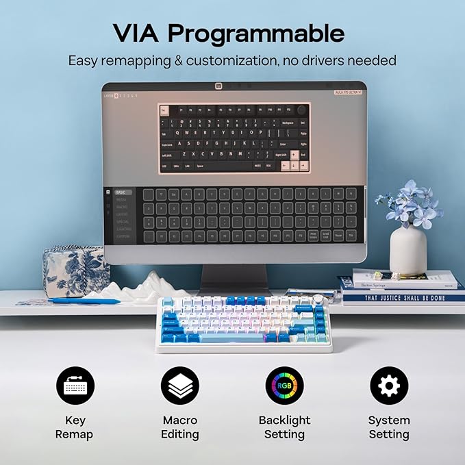 EPOMAKER x Aula F75 Ultra Wireless Gaming Keyboard with Knob, 10000mAh, Hot Swap, RGB, PBT Keycap, Creamy Sound, VIA, 75% Mechanical Keyboard for Win/Mac (Blue, Reaper)