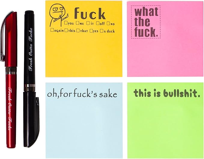 Fresh Outta Fucks Pad and Pen Funny Sticky Notes and Pen Set White Elephant Gift Novelty Pen Funny Desk Accessory Fun Gifts for Friends (4Color+2Pen)