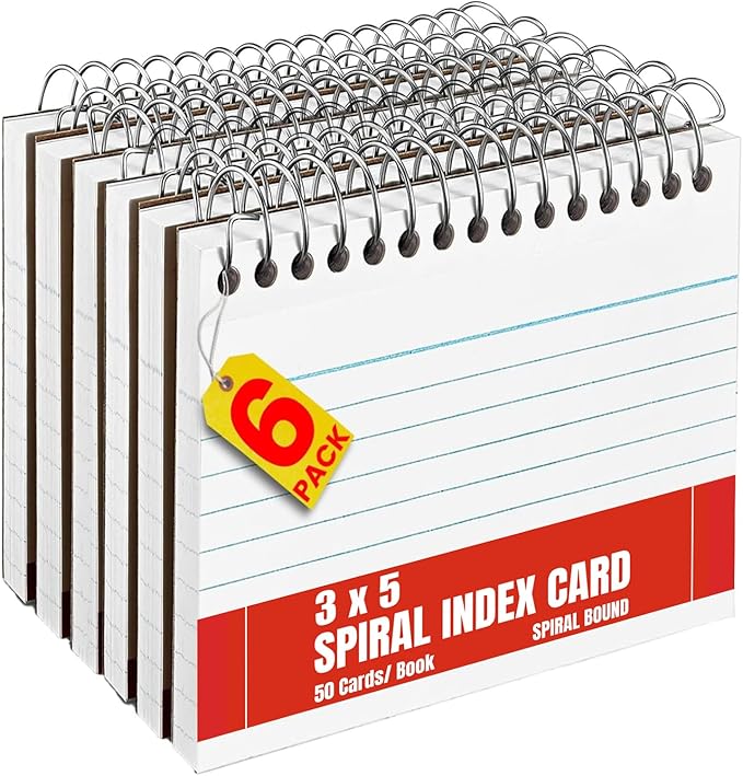 1InTheOffice Spiral Index Cards 3x5 Ruled, Spiral Bound, 50 White Cards/Spiral (6 Pack)