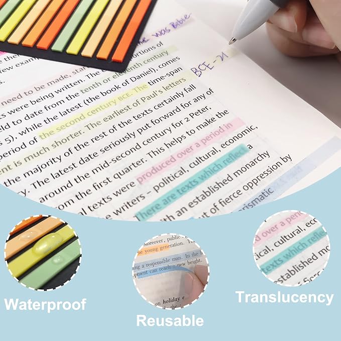 Potanro Sticky Long Tabs 6 Sheet Highlighter Tape 960 Pcs Translucent Sticky Notes Tabs for Annotating Books Bible Study Supplies