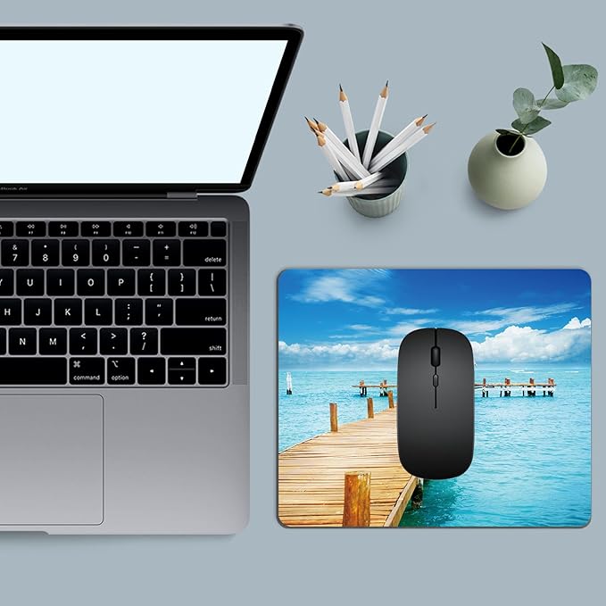 Mouse Pad, Square Mousepad, Personalized Premium-Textured, Non-Slip Rubber Base Mouse Mat, Waterproof Gaming Mouse Pad for Wireless Mouse, Computers, Laptop, Office, Home (Ocean Wooden Bridge)