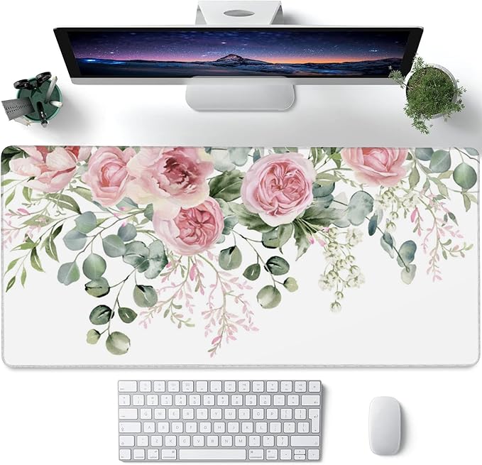 Desk Mat,Peony Flowers and Eucalyptus Leaves Large Gaming Mouse Pad for Desk XXL,Pink Floral Desk Pad,Extended Big Computer Keyboard Mouse Pad with Non-Slip Base Stitched Edges 35.4"x15.7"