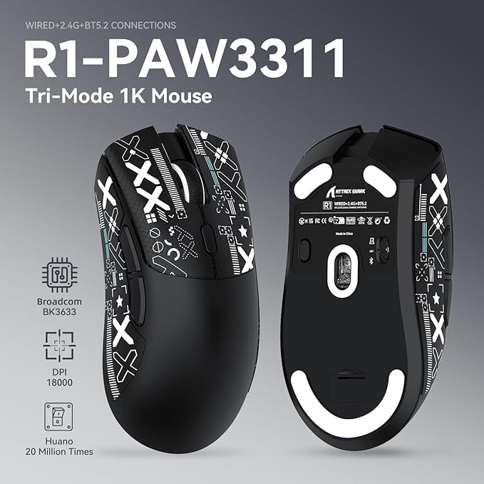 ATTACK SHARK X68 HE Wired Rapid Trigger Mechanical Gaming Keyboard and R1 Mouse with Adjustable Actuation,Coiled Cable,USB C/2.4Ghz Wireless/BT Ultralight 18K DPI Mice for Esport Gamer(Black Contour)