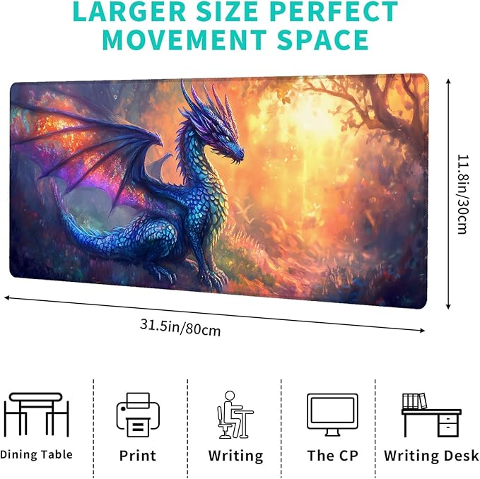 Fantasy Dragon Gaming Mouse Pad – 12x31.5in Large Extended Desk Mat with Enchanting Forest Design – Non-Slip Rubber Mousepad for Office Home – Deskmat Gifts for Animal Lovers Decor
