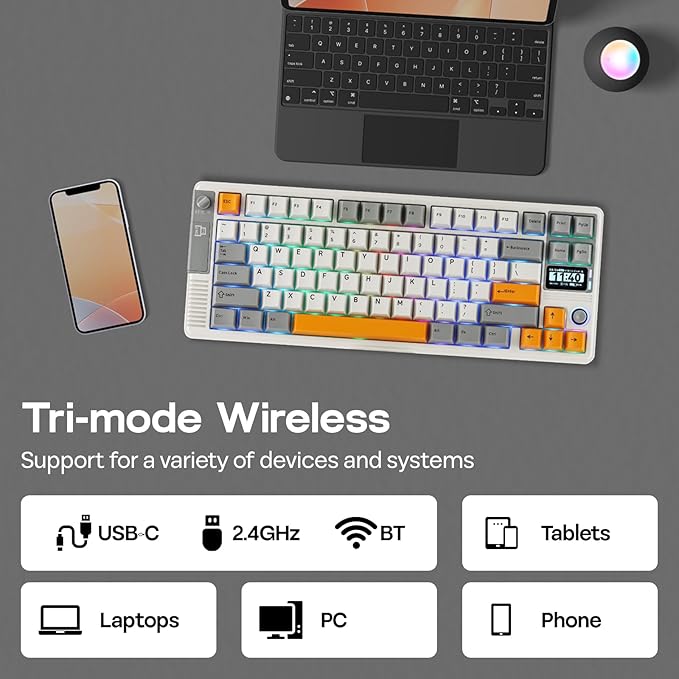 EPOMAKER RT85 Wireless Mechanical Keyboard with Joystick & DIY Screen, 8000mAh, BT/USB/2.4Ghz, Gasket, 5-Layer Paddings, Hot-Swap, PBT Keycap, 75% Gaming Keyboard (Retro White, Wisteria Linear)