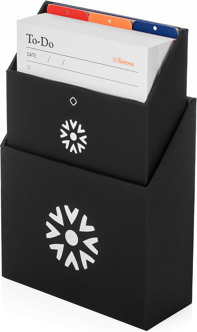Notsu Centre Rise To Do List Card Box Set | 50 Foldable To-Do Vertical Notecards 3x5, Productivity Index Card Organizer Tab Dividers, Desk Card Holder Stand (Black)